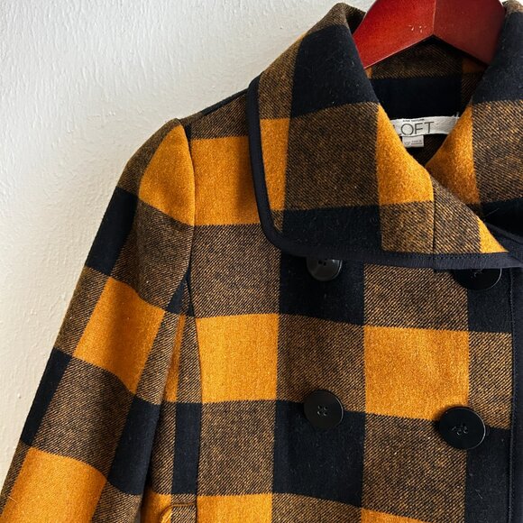 LOFT Wool Buffalo Check Double Breasted Navy/Gold Swing Coat - Picture 5 of 12